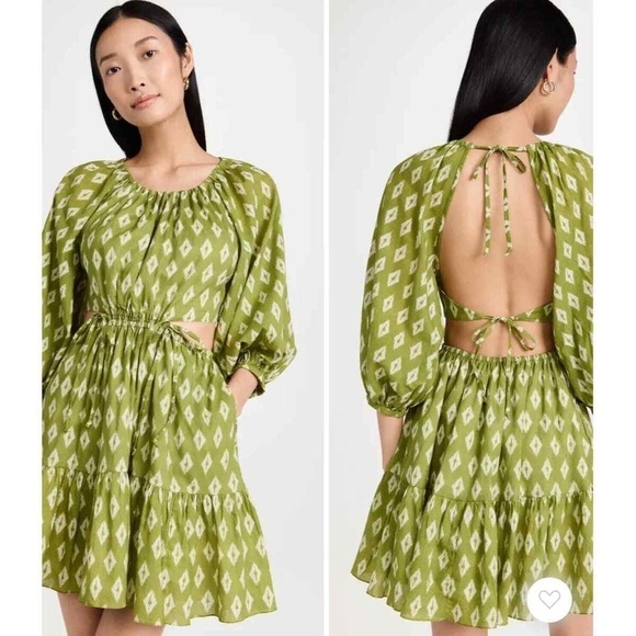 Charina Sarte Mini Cocktail Dress Printed Green Backless Pouf Sleeve Garden Sz M - Picture 2 of 8